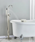 Pro Grade Floor Mount Tub Filler Freestanding Bathtub Faucet With Brushed Nickel Finish next to a white clawfoot tub