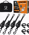 Tough As Nails Retractable Ratchet Straps 4 Pack Heavy Duty Tie Down Cords featuring galvanized steel ratchets in a storage case.