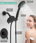 Person using Oversized 2 In 1 Shower Head And Handheld Combo With 6 Spray Settings Including Power Rain Massage Stay Warm Mist And Pause 3 Way Shower Faucet System In Matte Black With Valve Included For Easy Remodel, showcasing dual matte black shower heads in bathroom.