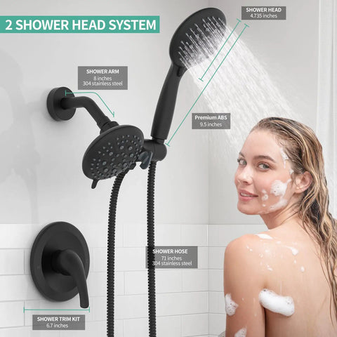 Person using Oversized 2 In 1 Shower Head And Handheld Combo With 6 Spray Settings Including Power Rain Massage Stay Warm Mist And Pause 3 Way Shower Faucet System In Matte Black With Valve Included For Easy Remodel, showcasing dual matte black shower heads in bathroom.