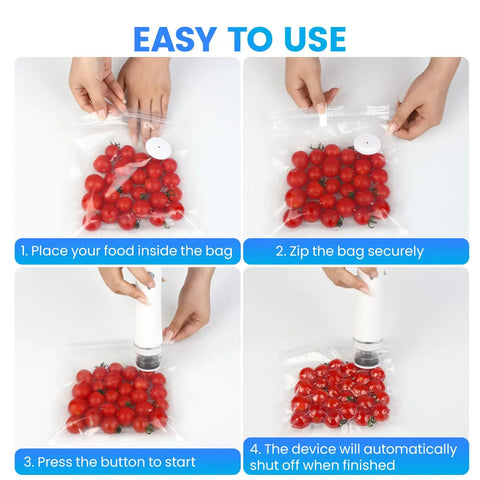 Visible Tank Handheld Food Vacuum Sealer With One Touch Strong Suction, Portable Wireless Sealing Device in use on cherry tomatoes