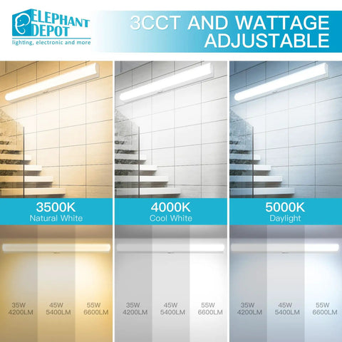 4ft LED Stairwell Light Fixture With Motion Sensor showing 3500K, 4000K, and 5000K color temperatures in stairwell settings.