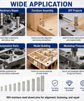 10mm Dowel Pins Kit 70mm Length Non-Threaded Cylindrical Alignment Pins for Do It Yourself Projects, Machinery, Furniture Repair and Shelf Support Chamfered Ends for Easy Insertion 4 Pack shown in various applications.