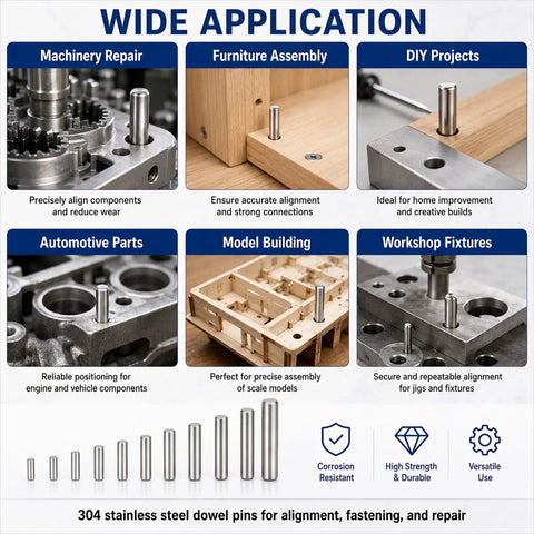 10mm Dowel Pins Kit 70mm Length Non-Threaded Cylindrical Alignment Pins for Do It Yourself Projects, Machinery, Furniture Repair and Shelf Support Chamfered Ends for Easy Insertion 4 Pack shown in various applications.