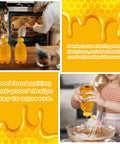 Collage shows No Drip Honey Bottle Set For Easy Pouring 16 Oz Refillable Food Grade Containers; bottles with flip-top caps, baking with honey.