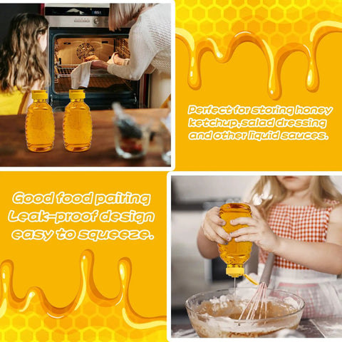 Collage shows No Drip Honey Bottle Set For Easy Pouring 16 Oz Refillable Food Grade Containers; bottles with flip-top caps, baking with honey.