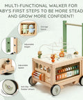 Rock Solid Wooden Baby Walker With Interactive Activity Cube Built Tough For Toddler First Steps features adjustable height and speed, anti-slip wheels.