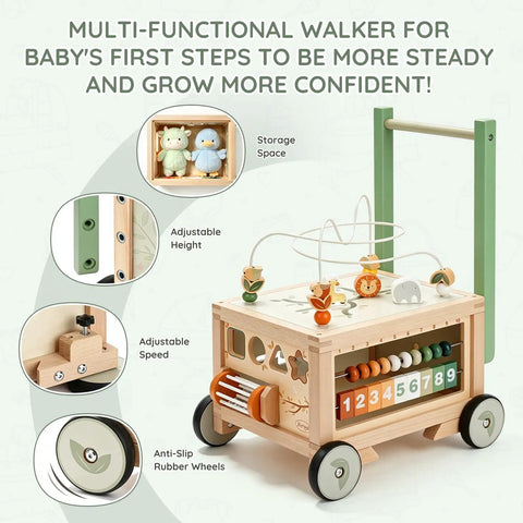 Rock Solid Wooden Baby Walker With Interactive Activity Cube Built Tough For Toddler First Steps features adjustable height and speed, anti-slip wheels.