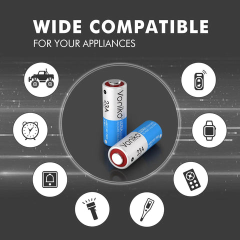 Heavy Duty Alkaline 23A 12V Batteries Six Pack demonstrating wide compatibility for various appliances.