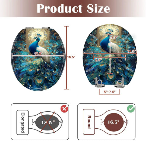 Round Resin Toilet Seat for Bathroom with peacock design, measuring 16.5x14.5 inches, showing size details for round fit.
