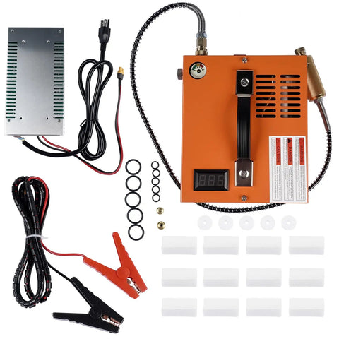 Rock Solid Heavy Duty High Pressure Portable Pcp Air Compressor components including power cord, fittings, and pressure display.