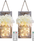 Rustic Mason Jar Wall Lights With Remote, Battery Powered Sconce Set Of 2 with hanging fairy lights and white flowers