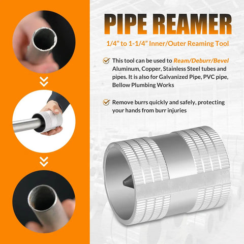 Heavy Duty Inner Outer Reaming Tool 1/4 To 1-1/4 Inch Reamer Deburr Bevel for tubing shown in use with pipe