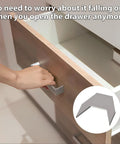 Heavy Duty Metal Drawer Stops Prevent Sliding Out 25 Piece Set Anti Fall Guards shown on a wooden dresser drawer.