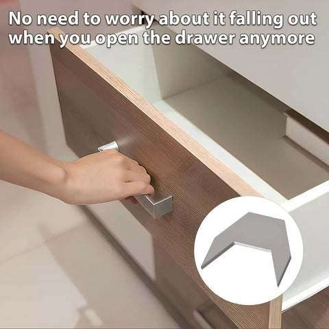 Heavy Duty Metal Drawer Stops Prevent Sliding Out 25 Piece Set Anti Fall Guards shown on a wooden dresser drawer.