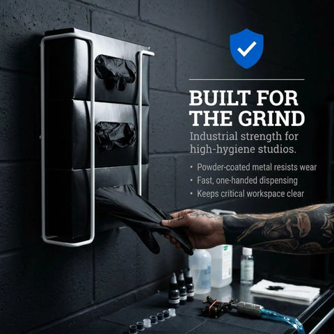 Hella Handy Wall Mount Glove And Tissue Wire Rack Dispenser That Holds Up To Three Boxes in a black powder-coated metal finish