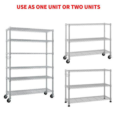 Badass 82 Inch 6 Tier Rolling Wire Shelving Cart With Heavy Duty Carbon Steel Base Adjustable, shown in single and two-unit setups.