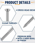 Image showing details of 120 Pack Heavy Duty Nine By Three Inch Satin Nickel Door Hinge Screws With Lock Jaw Grip and Smooth Glide Action.