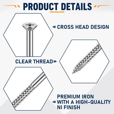 Image showing details of 120 Pack Heavy Duty Nine By Three Inch Satin Nickel Door Hinge Screws With Lock Jaw Grip and Smooth Glide Action.