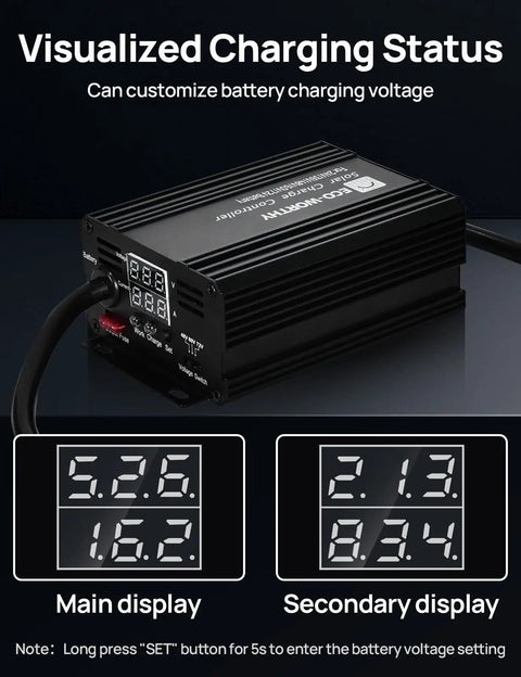 Digital display on 12A MPPT Boost Solar Charge Controller showing charging voltage for 48V 60V 72V battery systems