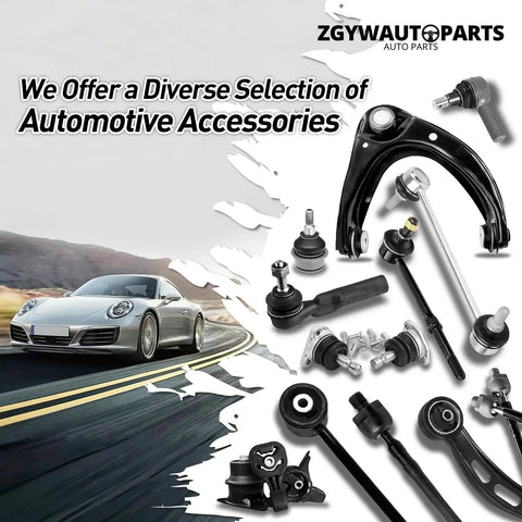 Diverse automotive accessories and parts with sports car on scenic road