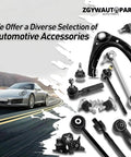 Diverse automotive accessories including control arms and ball joints with a silver car driving on a curvy road background.