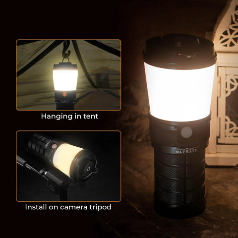 Rechargeable Camping Lantern LT1 with 8 LH351D LEDs in a tent and on tripod, showcasing USB-C fast charge and long battery life.