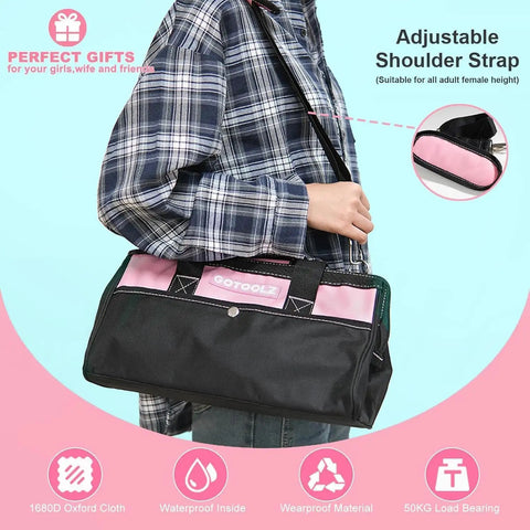 Person holding pink 269 Piece All-In-One Home Tool Set with adjustable strap and durable storage bag for DIY projects.