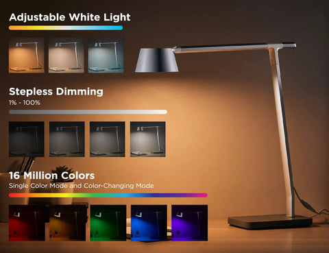 Verve Designer Desk Lamp With Qi Wireless Charger, True White LED And 16 Million RGB Colors showcasing color options and dimming.