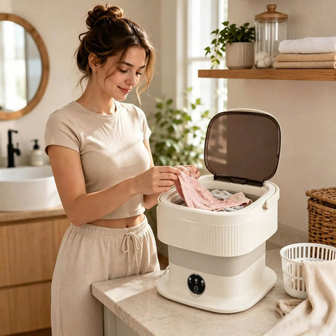 Slick And Dependable Portable Washing Machine With 11L Capacity in use, compact design for laundry in home setup.