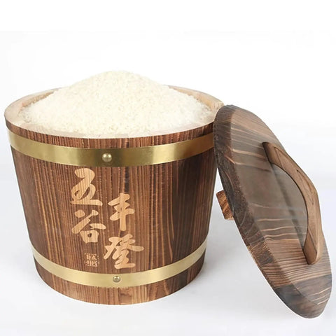 Brown Fir Wood Grain Rice Dispenser With Lid, Heavy Duty Sealed Pantry Storage Jar For Bulk Grains Soybeans Sugar And Coffee filled with rice.