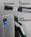 Level 2 EV Charger 240V 50A hardwired for home and garage with SAE J1772 connector, shown with Tesla adapter and charging gun.