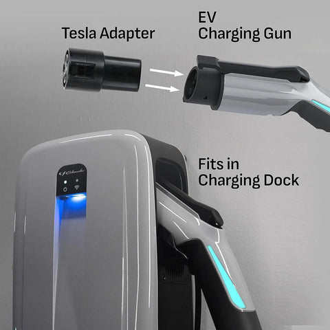 Level 2 EV Charger 240V 50A Wall Mount With NEMA 14 50 Plug And Universal SAE J1772 Connector shown with charging gun and Tesla adapter.