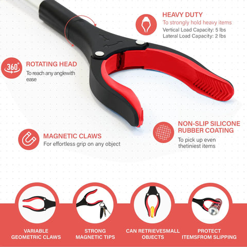 32 Inch Reacher Grabber With Magnetic Swivel Head For Easy Trash Cleanup And Hard To Reach Pickups Heavy Duty Long Reach Tool For Seniors Recovery Exercises Yard Cleanup Red