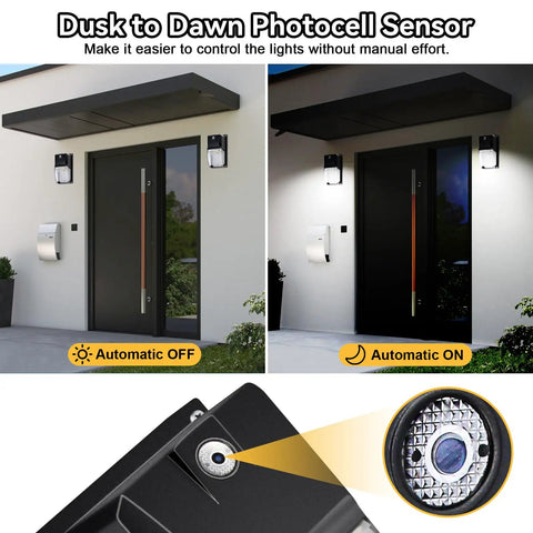 2 Pack Dusk To Dawn Outdoor Wall Pack Lights showing automatic on at sunset and off at sunrise, mounted on house exterior