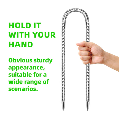Person holding one 12-inch rebar stake from 11 Pack 12 Inch Beefy Galvanized Steel Rebar Stakes U Shaped Ground Anchors