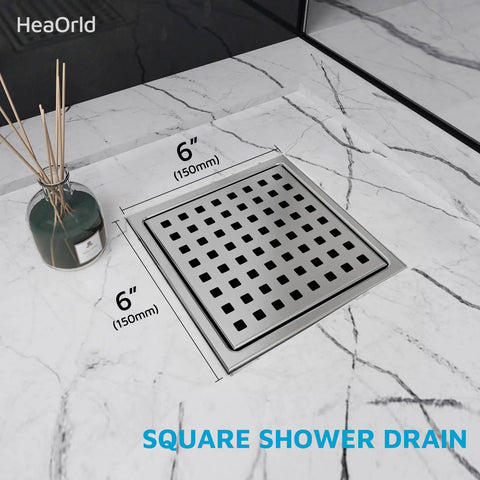 Six Inch Square Shower Drain In Brushed Nickel Featuring A Leak Proof Flange And Removable Grate Rock Solid Construction Dead Simple Flush Floor Installation That Slays Modern Bathrooms on marble floor with dimensions.