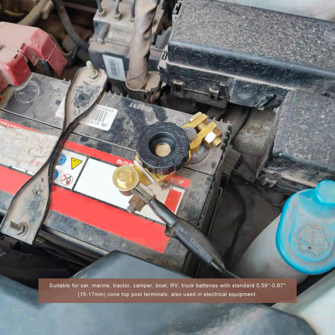 Heavy Duty Top Post Battery Disconnect Switch 12V 125A Quick Cut Off Master Isolator on car battery with terminals.