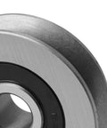 Close-up of CNBTR iron steel cable pulley bearing wheel with central bore and outer groove.
