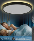Sleek 3 Color Dimmable Flush Mount LED Ceiling Light With Remote 12 Inch 24W Black Ceiling Fixture shown above sleeping family