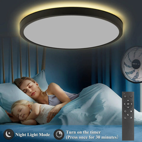 Sleek 3 Color Dimmable Flush Mount LED Ceiling Light With Remote 12 Inch 24W Black Ceiling Fixture shown above sleeping family