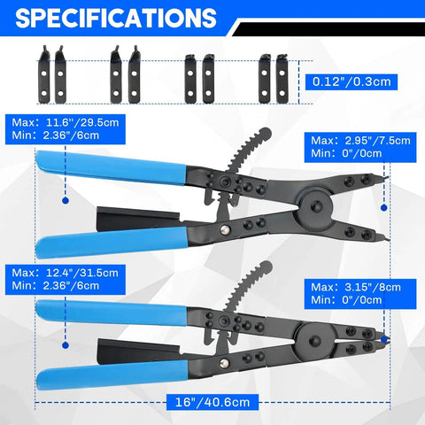 16 Inch Snap Ring Pliers Set Heavy Duty 2 Piece Internal And External Circlip Pliers With Interchangeable Tips in blue handles