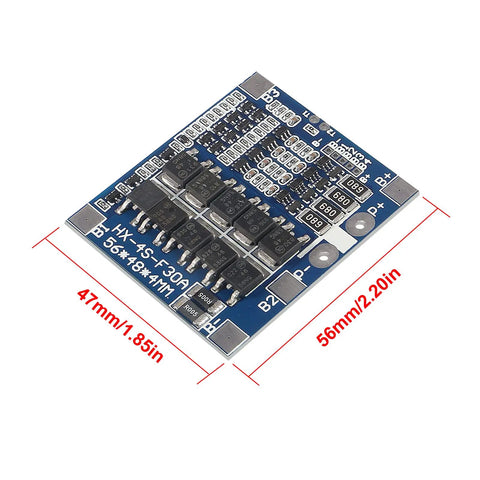 Bulletproof Build Three Pack Four Series Lithium Iron Phosphate BMS Battery Guard 30A 12.8V Power Management Board top view with dimensions.