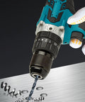 Badass Cordless Drill Driver And Electric Screwdriver With 25 Plus 1 Torque Clutches, drilling into metal with precision.