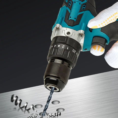 Heavy Duty Cordless Drill Featuring Slick Stepless Speed Toggle And Built In Led Work Light Includes Dual One Point Five Ah Packs Alongside Rugged Gear Case For Effortless Wood Metal Screwing And Home Renovation Hustle drilling into metal sheet