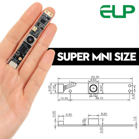 Hand holding 8MP USB Camera Module With Microphone Autofocus For PC And Laptop Plug And Play 4K Ready Lightburn Compatible Laser Engraver Webcam Mini Auto Focus Board CCTV USB Surveillance Camera For Raspberry Pi And Desktop, showing super mini size with detailed dimensions.