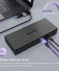 Pro Level Usb C Docking Station Packing 20 Ports With Quad Monitor Support shown connected to a laptop with a 2.5Gbps Ethernet port.