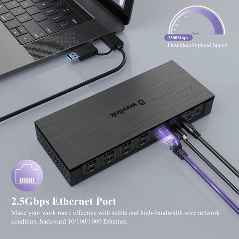 Pro Level Usb C Docking Station Packing 20 Ports With Quad Monitor Support shown connected to a laptop with a 2.5Gbps Ethernet port.