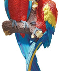 Bright Tropical Scarlet Macaws Wall Sculpture for Indoors featuring two vivid parrots hand-painted on resin. 9.5x5x22 inches.