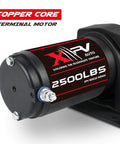 Close-up of 2500Lb 12V Electric Winch motor with copper core and label for ATV UTV Towing and Off Road Recovery